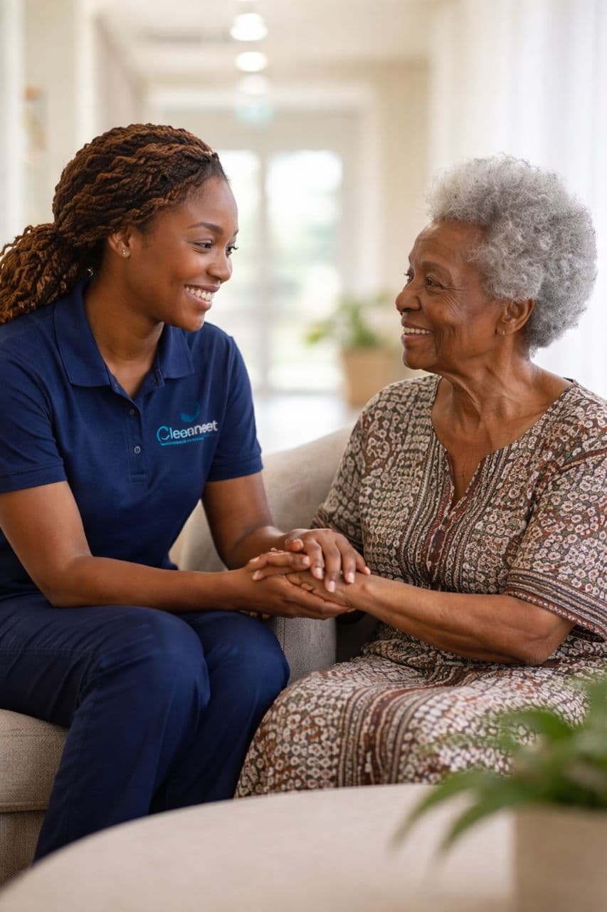 A Cleaneet caregiver sitting with an older woman holding hands in a warm conversation at home