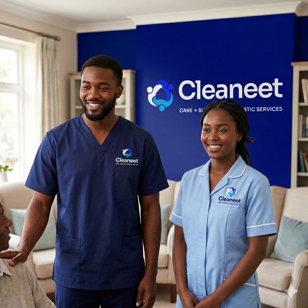 Two Cleaneet professionals in uniform standing in front of a Cleaneet brand wall