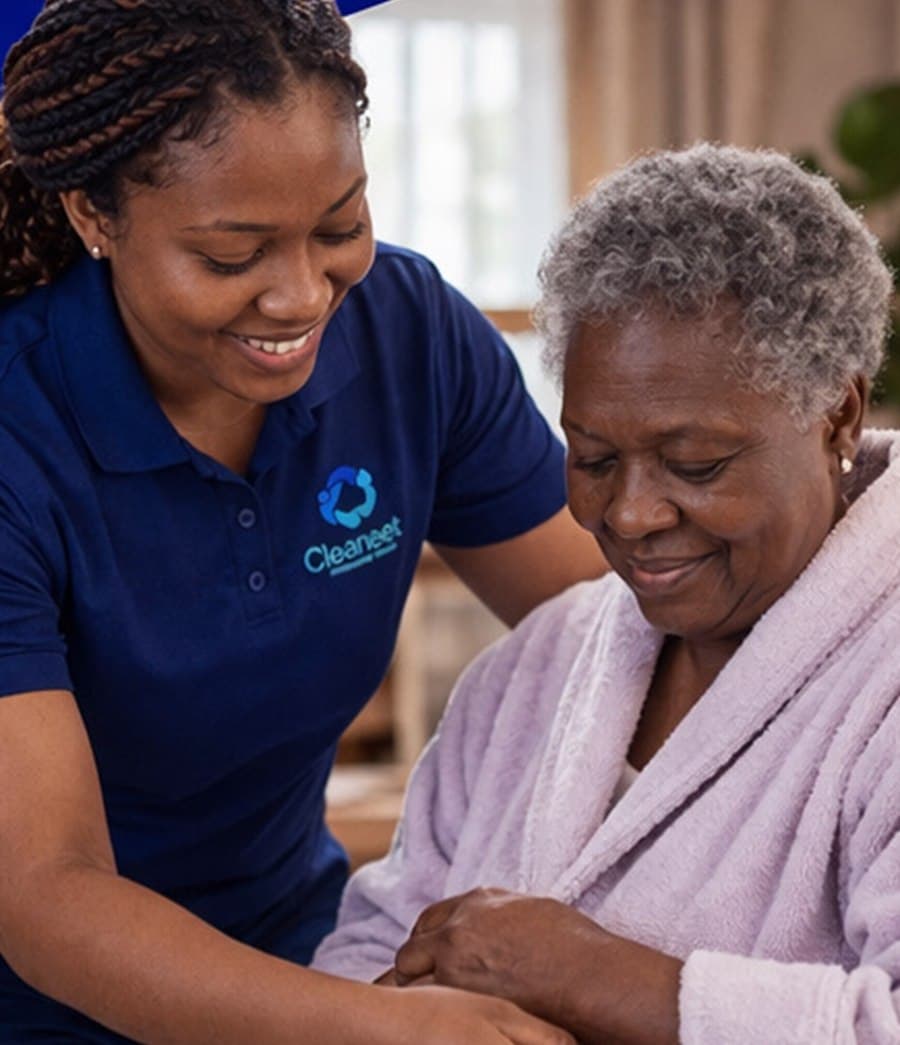 A Cleaneet caregiver helping an older woman with respectful personal support