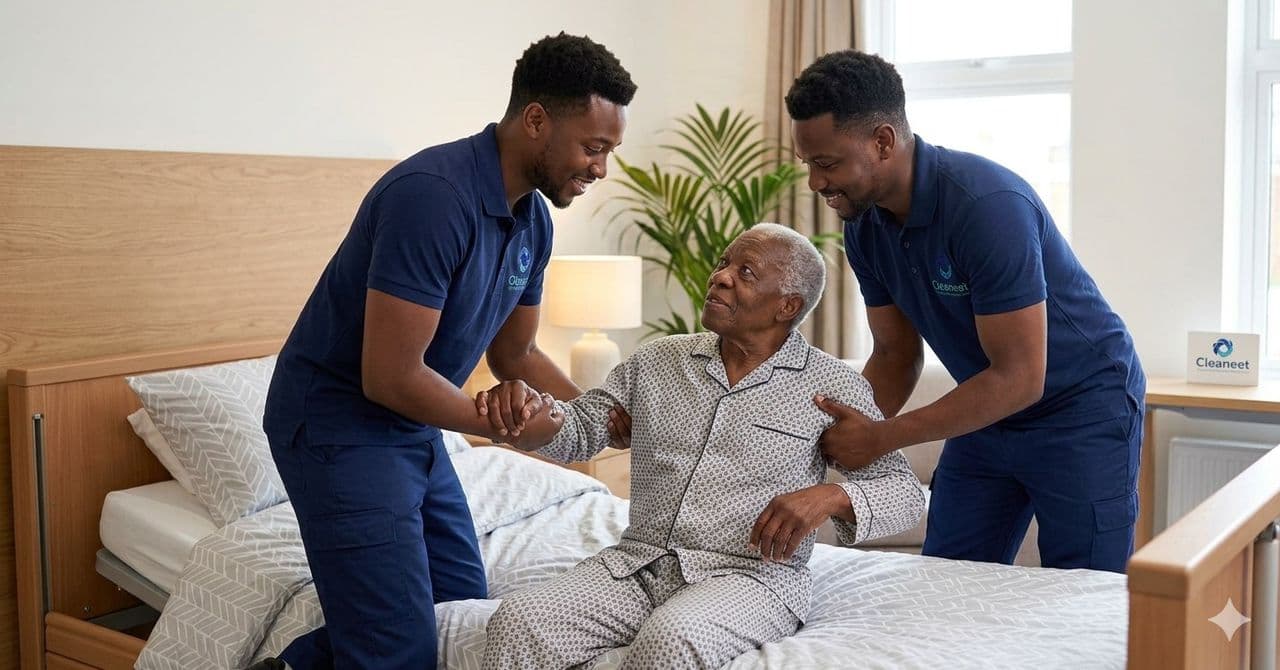 Two Cleaneet caregivers helping an older man sit up out of bed at home