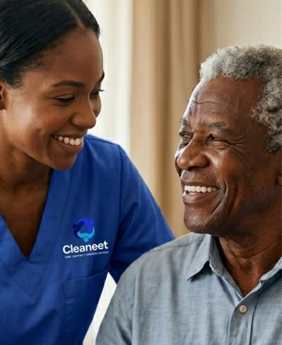 A Cleaneet caregiver smiling with an older man during everyday home support