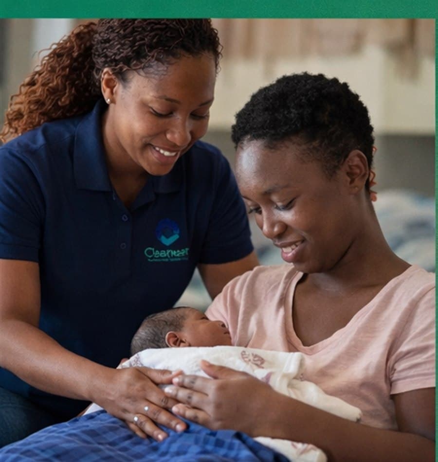A Cleaneet caregiver supporting a new mother holding her baby