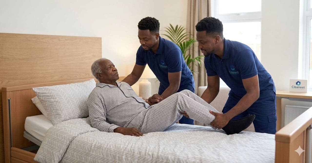 Two Cleaneet caregivers gently repositioning an older man recovering in bed